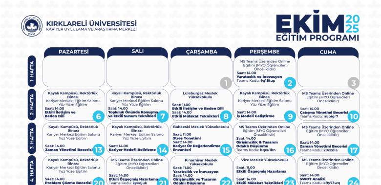 Kariyer Merkezi Ekim 2025 Eğitim Programı