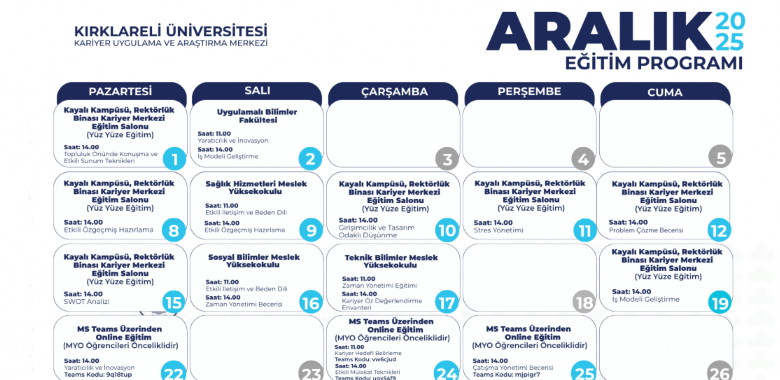 Kariyer Merkezi Aralık 2025 Eğitim Programı